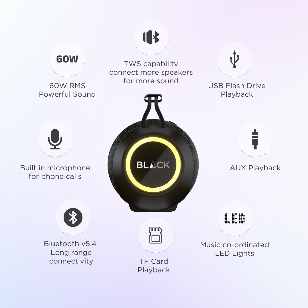BLACK BassBang Wireless Bluetooth Speaker, 60W, Up to 6H Playtime, 1 Yr Warranty BLACK BassBang Wireless Bluetooth Speaker, 60W, Up to 6H Playtime, 1 Yr Warranty